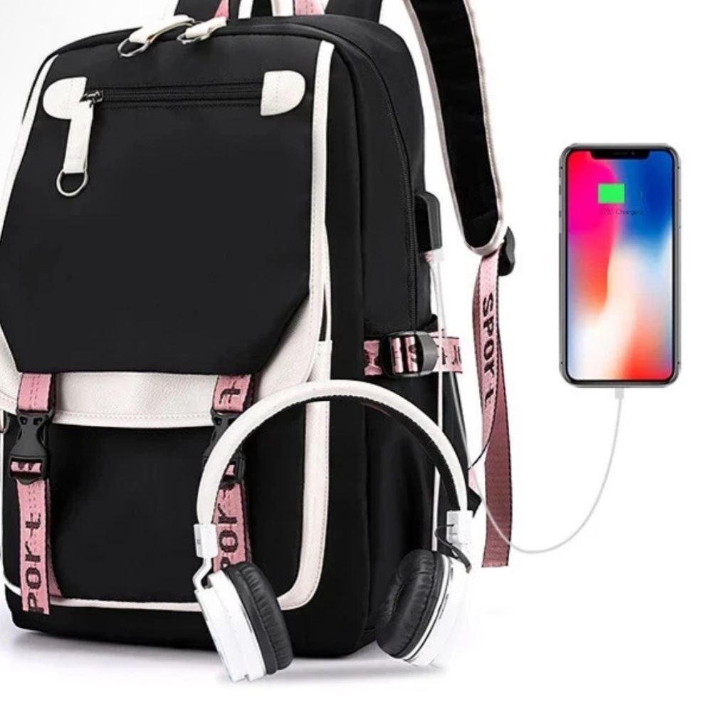 My Melody Backpack USB Charge Laptop Backpack Rucksack Travel Bag w Plush Charms - Picture 13 of 17